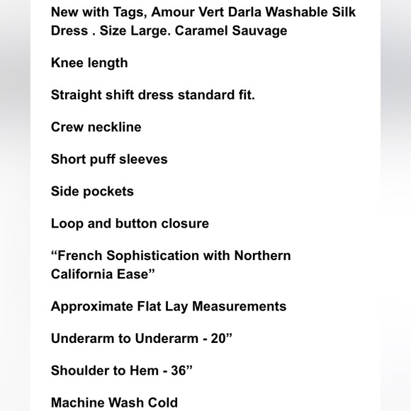Amour Vert Darla Washable Silk Midi Shift Dress in Caramel Sauvage Large NWT - Picture 3 of 10